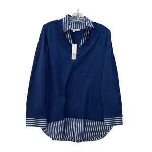 Chicos Mixed Media Layered Pullover Sweater Dark Harbor Blue Striped Size 3 / XL